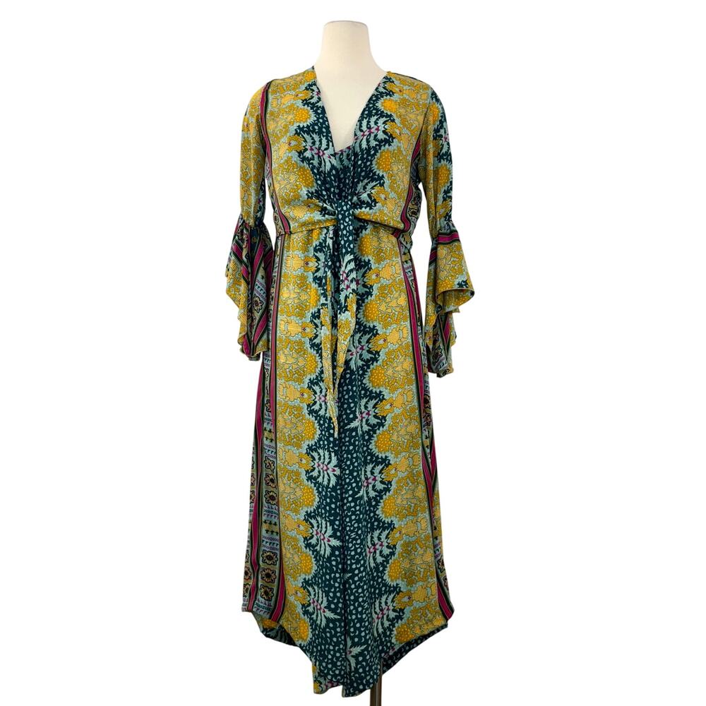 Cienna 2-Piece Raj Jumpsuit and Crop Top Bolero Silk Blend Green Floral S/M NWT